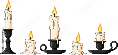 Comprehensive Vector Collection of Small Vintage Black Candle Holders and Chambersticks Featuring Lit White Taper Candles with Melting Wax for Gothic Interior Decor