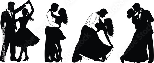 Romantic couple dancing silhouette set with elegant ballroom dance poses, man and woman performing tango isolated on white background