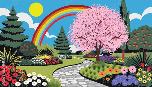 A vibrant digital illustration of a blooming spring garden featuring a rainbow and cherry tree