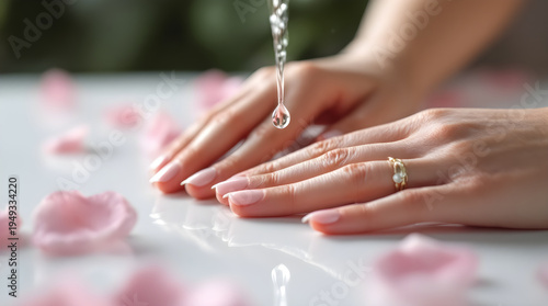 Woman's hands with water droplet and rose petals