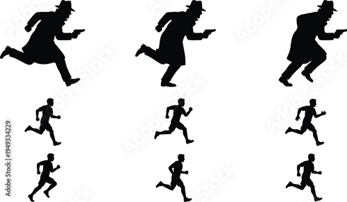 Running man and detective silhouette set with different sprint poses isolated on white background action movement illustration collection
