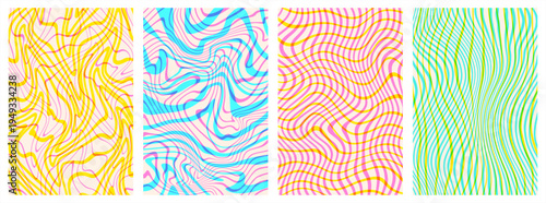 Distorted deformed curved lines vector striped backgrounds set. Risograph layered print effect. Fluid doodle uneven hand drawn wavy organic stripes waves. Funky groovy colorful patterns collection