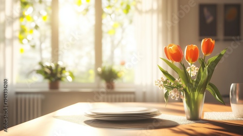 Bright Room With Flowers and Plates Set on the Table Near the Window on a Sun...