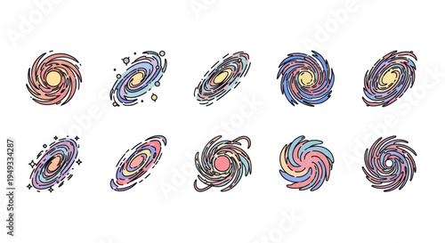 Colorful spiral galaxy icons isolated