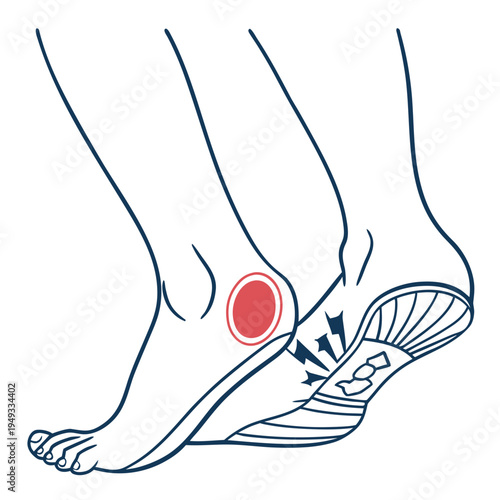 A medical illustration of a foot with highlighted pain area and inflamed tendon