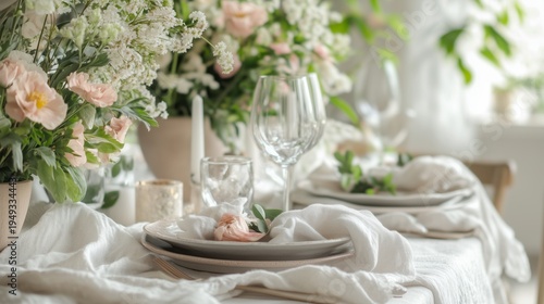 Table Set With Flowers and Plates for a Gathering in a Bright Room on a Sunny...