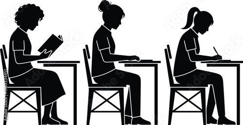Student girl silhouette set studying, reading book, typing on laptop and writing at desk isolated on white background