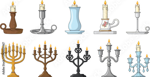 Comprehensive Vector Collection of Vintage Candle Holders and Candelabras Featuring Gold Silver Black and Ceramic Designs with Lit White Taper Candles for Interior Decor