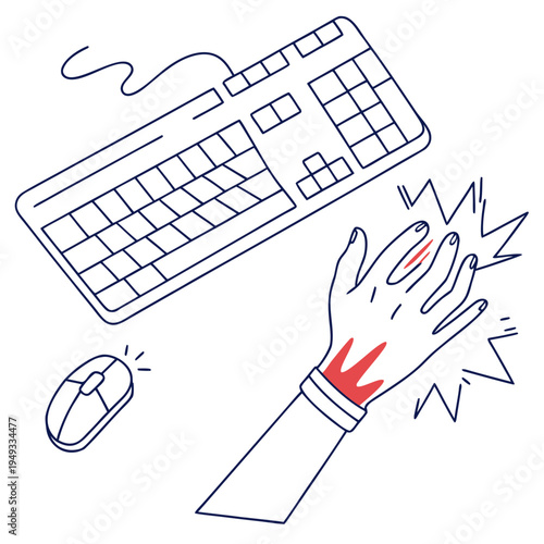 A vector graphic illustration of a hand experiencing wrist pain while using a computer keyboard and mouse
