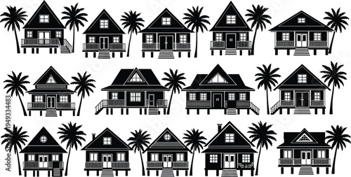 Tropical beach house silhouette set with palm trees and seaside cottages isolated on white background coastal architecture collection