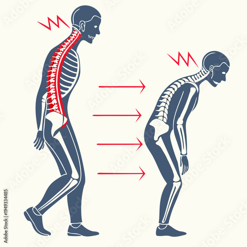 An illustration of two human figures demonstrating good and bad posture with a red highlighted spine and arrows indicating the effects of slouching.