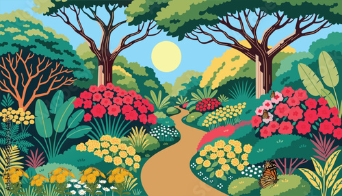 A vibrant digital illustration of a sunlit winding garden path surrounded by colorful flowers
