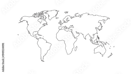 World map outline with simplified continents and islands shown in clean black lines on a white background.