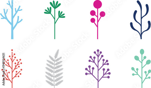 Modern Minimalist Floral Sprig Illustration Set with Colorful Abstract Botanical Elements in Pink Green and Purple for Decorative Patterns and Contemporary Branding