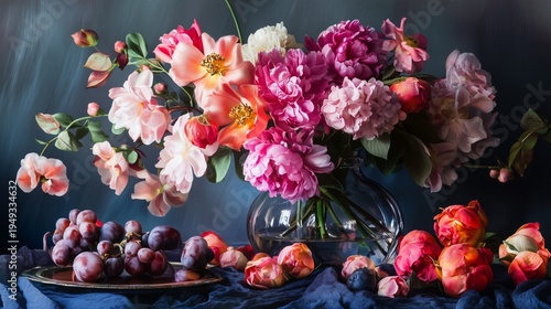 Bright Floral Arrangement With Fruits on a Table in a Studio Setting During D...