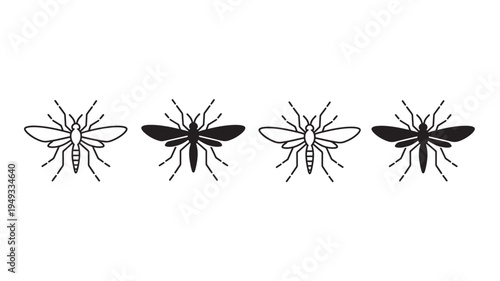 Mosquito icons in black and white outlines, showing a set of four winged insects with segmented bodies and thin legs, representing pests.