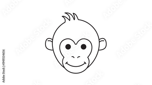 Monkey face simple line art icon with black eyes and a happy smiling mouth on a white background. featuring drawing, illustration, cartoon with