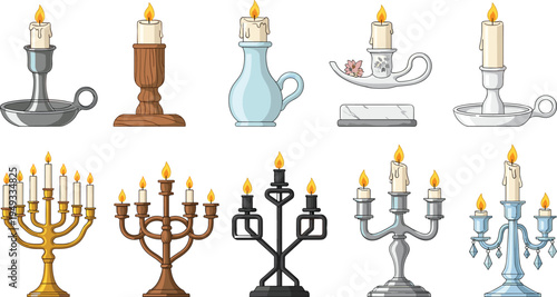 Comprehensive Vector Collection of Vintage Candle Holders and Candelabras Featuring Gold Silver Bronze Wood and Ceramic Designs with Lit White Taper Candles