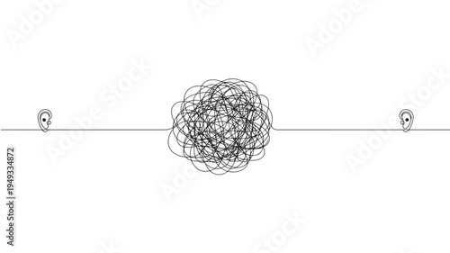 Line art of two ears connected by a continuous line with a complex scribble in the middle, symbolizing communication challenges