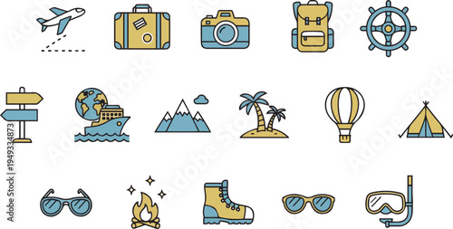 Travel and tourism icons set for adventure seekers
