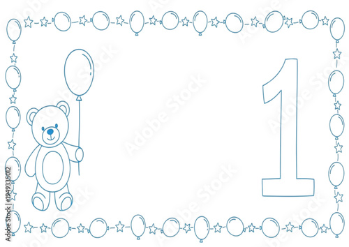 Cute teddy bear with balloon celebrating first birthday with festive balloon border