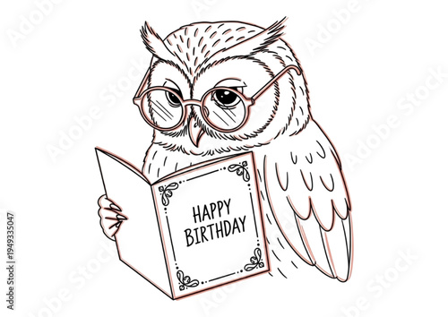 Wise owl in glasses reads 'Happy Birthday' card, a charming illustration for thoughtful celebrations