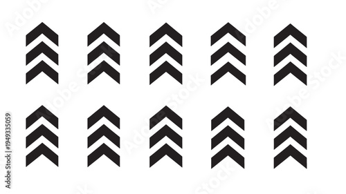 Arrows chevron set with triple stacked pointing upwards in black on a white background. featuring arrow, upward, direction with symbol and sign
