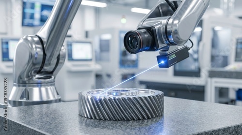 Robotic Arm with Blue Laser Scanning Metal Gear for AI Quality Control. Represents automated inspection, machine vision, and smart factory.