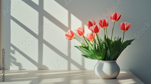 Vases With Red Tulips on a Wooden Table With Sunlight on a Wall