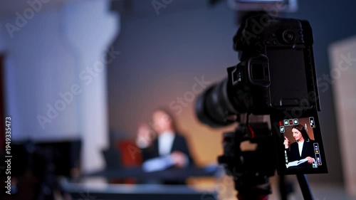 Beautiful brunette woman with long hair on the camera display. Photo and video equipment working in modern photo studio. Blurred backdrop.