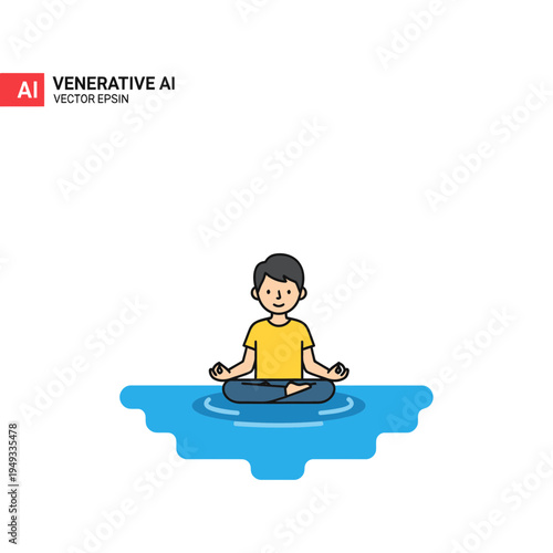 Vector cartoon illustration of a little boy with pink hair sitting in a lotus meditation yoga pose on a colorful puzzle while exercising his body and mind