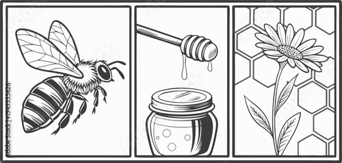 A detailed black and white illustration of various elements associated with bees and honey. The image showcases six distinct elements arranged in a rectangular grid. At the top left, a detailed fronta