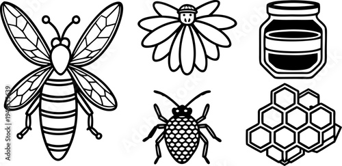 A detailed black and white illustration of various elements associated with bees and honey. The image showcases six distinct elements arranged in a rectangular grid. At the top left, a detailed fronta