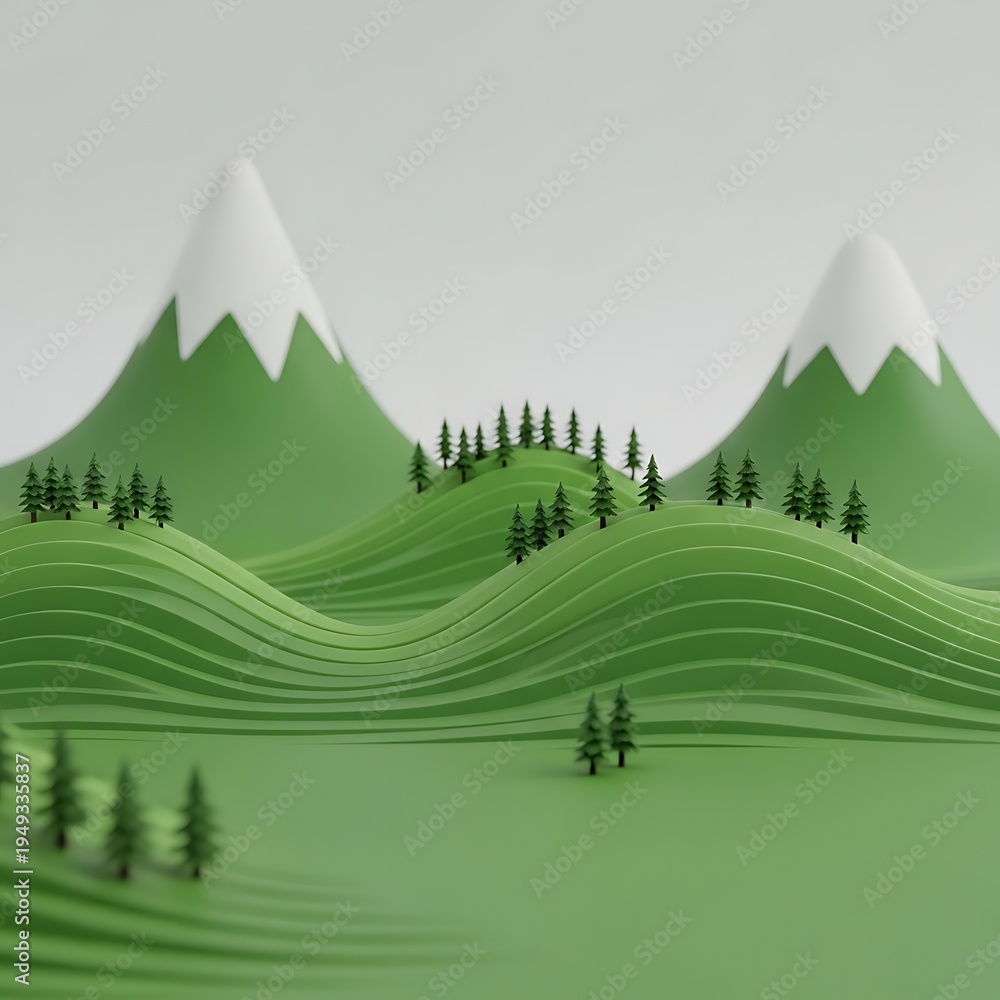 Fototapeta premium 3d illustration of green hills and mountains with trees and white snow capped peaks