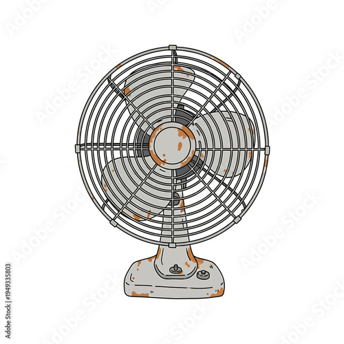An old metal electric fan with a propeller blade is isolated on a white background as a vintage cooling appliance to blow a cool wind breeze for summer ventilation