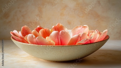 Bowl Filled With Pink Flower Petals Placed on a Textured Surface in a Well-Li...