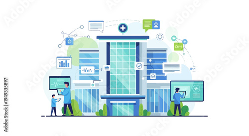 Integrated Digital Healthcare System: Smart Hospital Building with Connected Medical Technology & E-Health Services Network Illustration
