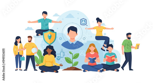Personal Growth & Well-being Concept with Diverse People Learning, Meditating, and Connecting