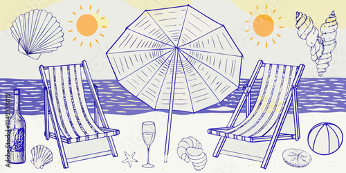 A beach scene featuring a parasol chairs and seaside elements