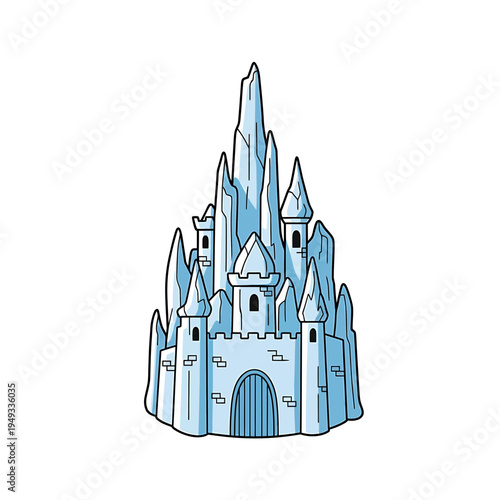 A medieval fantasy kingdom featuring a cartoon castle tower and old stone church building under a blue sky, designed as a fairytale illustration for a princess tale