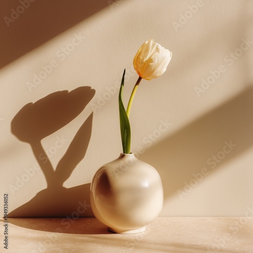 Single Tulip in a Simple Vase on a Light Background With Shadows During Daytime