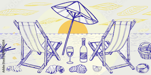 A relaxing beach scene with deck chairs a bottle and a glass