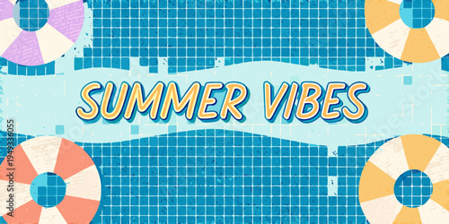 Summer vibes design with pool tiles and colorful life preservers