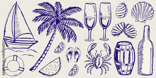 A collection of hand drawn summer vacation and beach themed elements
