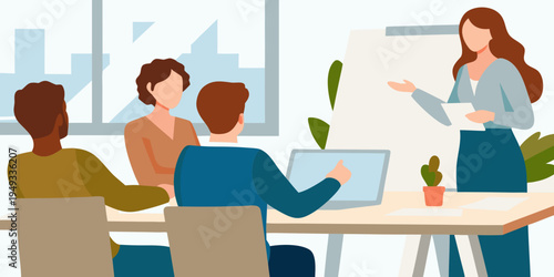 A woman presents to a small group of people in a modern office setting