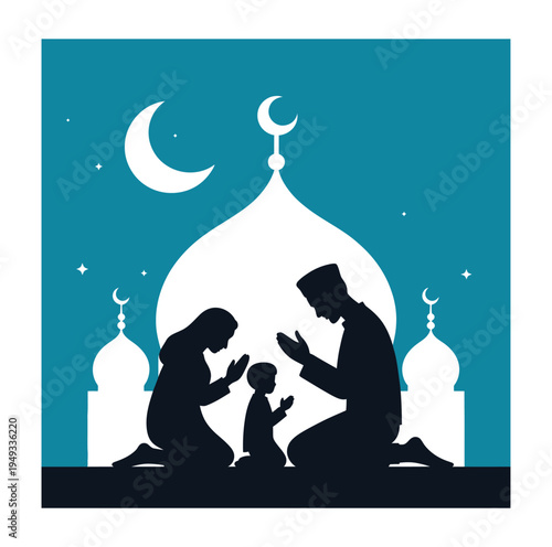 Silhouette of Muslim family praying together in front of mosque domes and crescent moon under starry night sky, representing Islamic faith, devotion