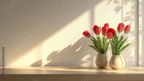 Vases With Red Tulips on a Wooden Table With Sunlight on a Wall