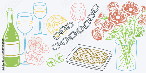 Stylized illustration of champagne flowers food and a metal chain