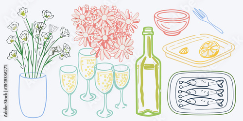 A colorful still life featuring flowers food and drink items