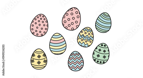 Hand-drawn Easter Eggs with Pastel Patterns on White Background